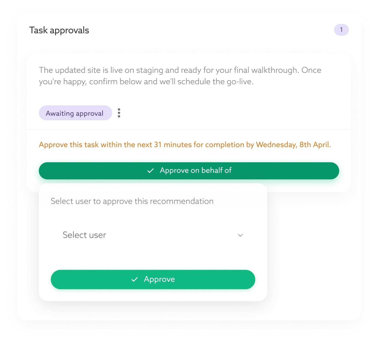 An approve-on-behalf note being added to the approval's audit trail