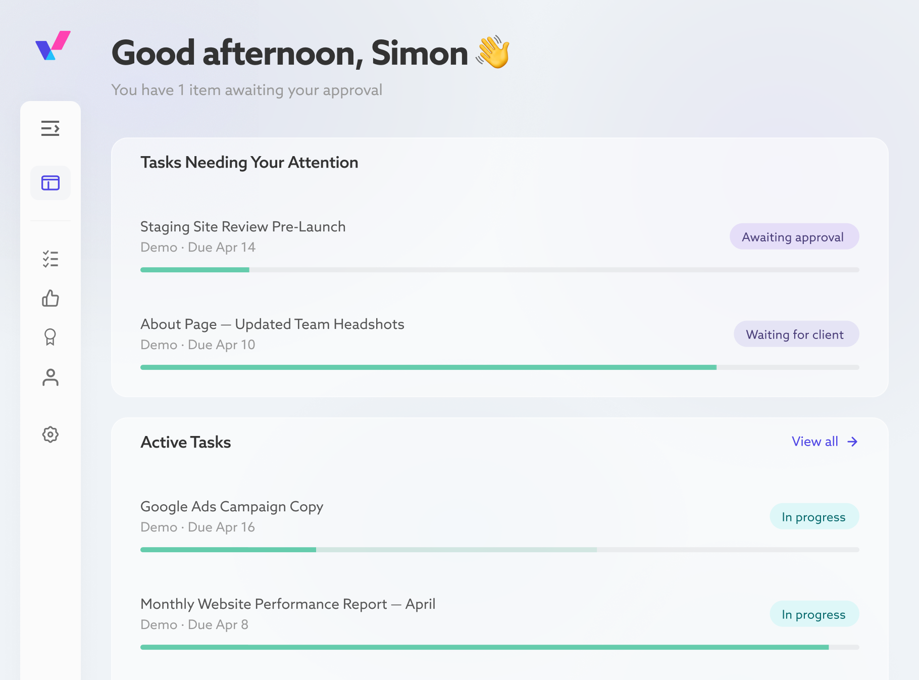 A branded client portal showing project progress