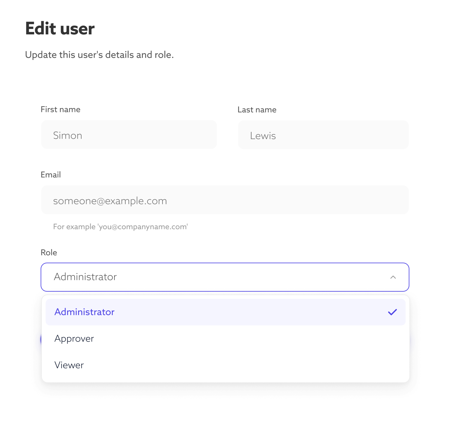 Role hierarchy: Viewer → Approver → Admin