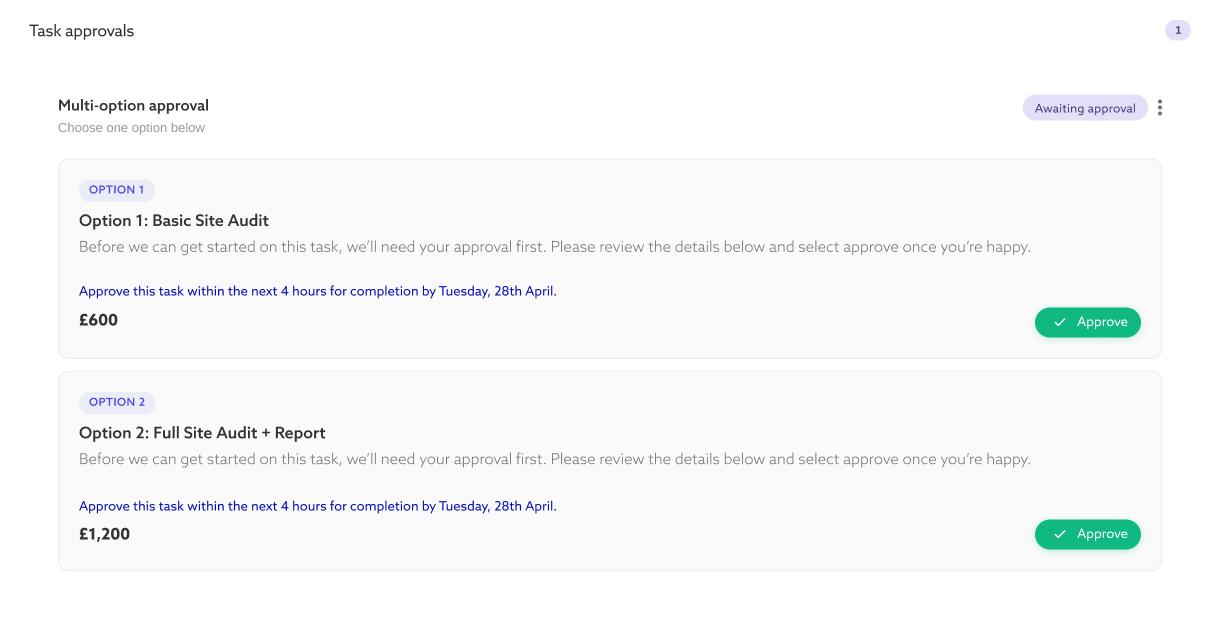 Screenshot: Task detail with approval options