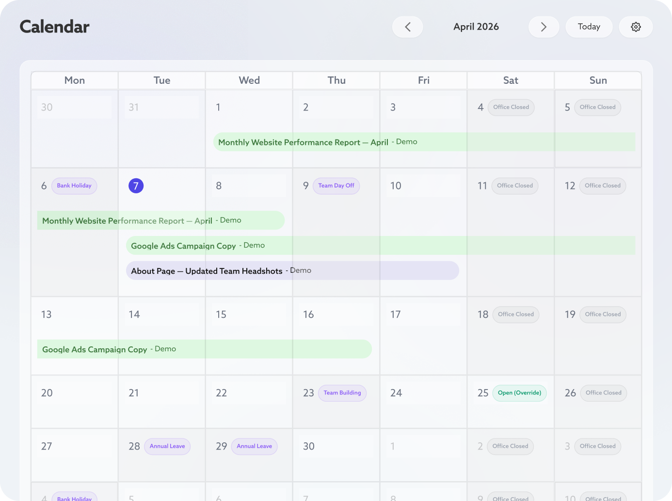 Calendar view with color-coded events