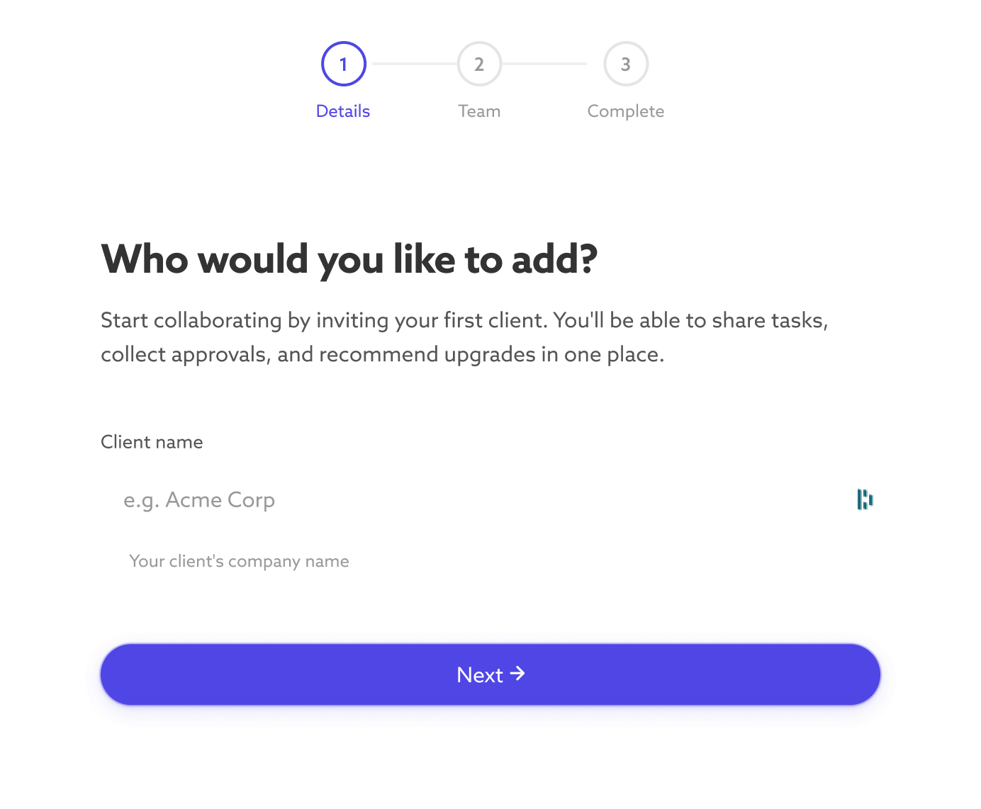 Screenshot: Add client form