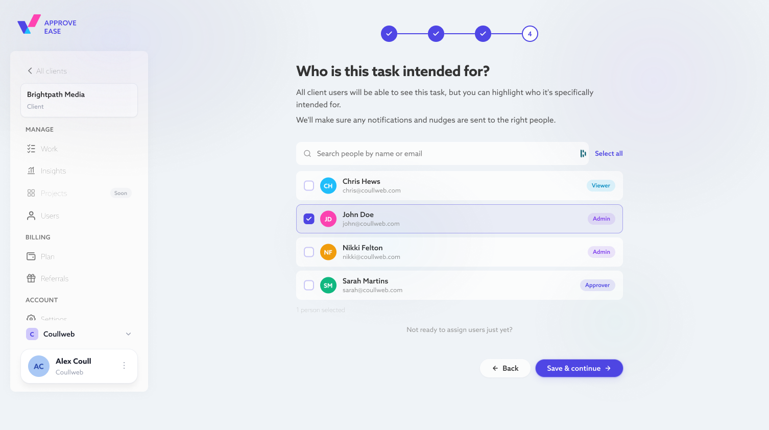 The task assignment step in ApproveEase: a searchable checkbox list of client users for choosing who a task is intended for.
