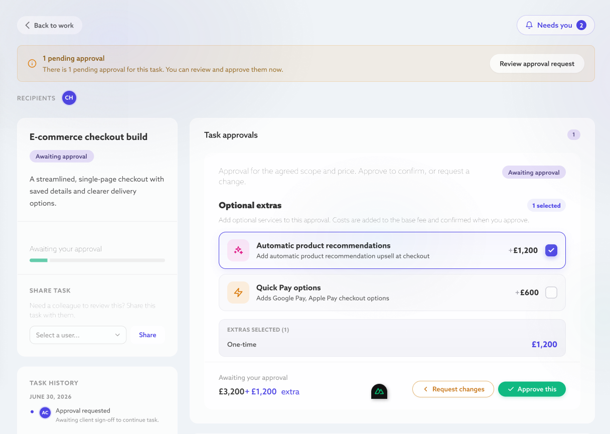 A task approval in ApproveEase showing an Optional extras section: a client can tick add-ons such as Automatic product recommendations at plus £1,200 or Quick Pay options at plus £600, with the selected total added to the base fee before they approve.