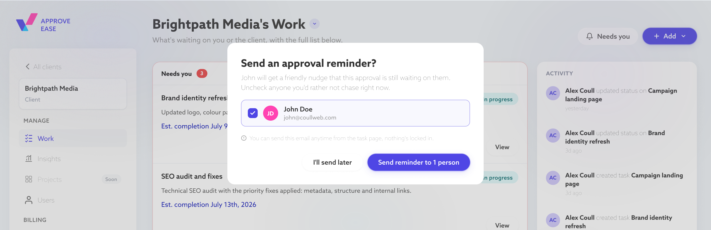 The nudge dialog in ApproveEase: a Send an approval reminder prompt with a recipient picker, over a client's Work view.