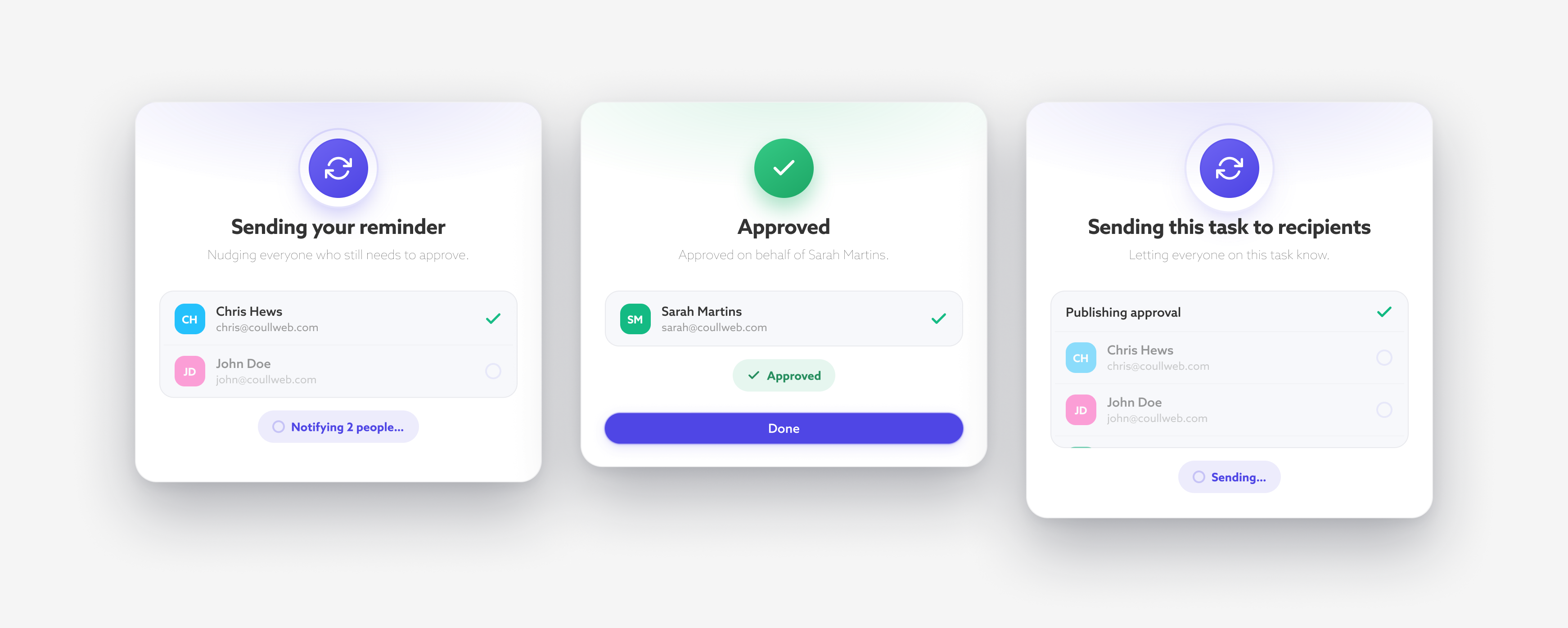 Three ApproveEase progress screens side by side: sending a reminder to recipients, an Approved confirmation, and a task being published and sent to recipients, each showing the people involved and a live status.