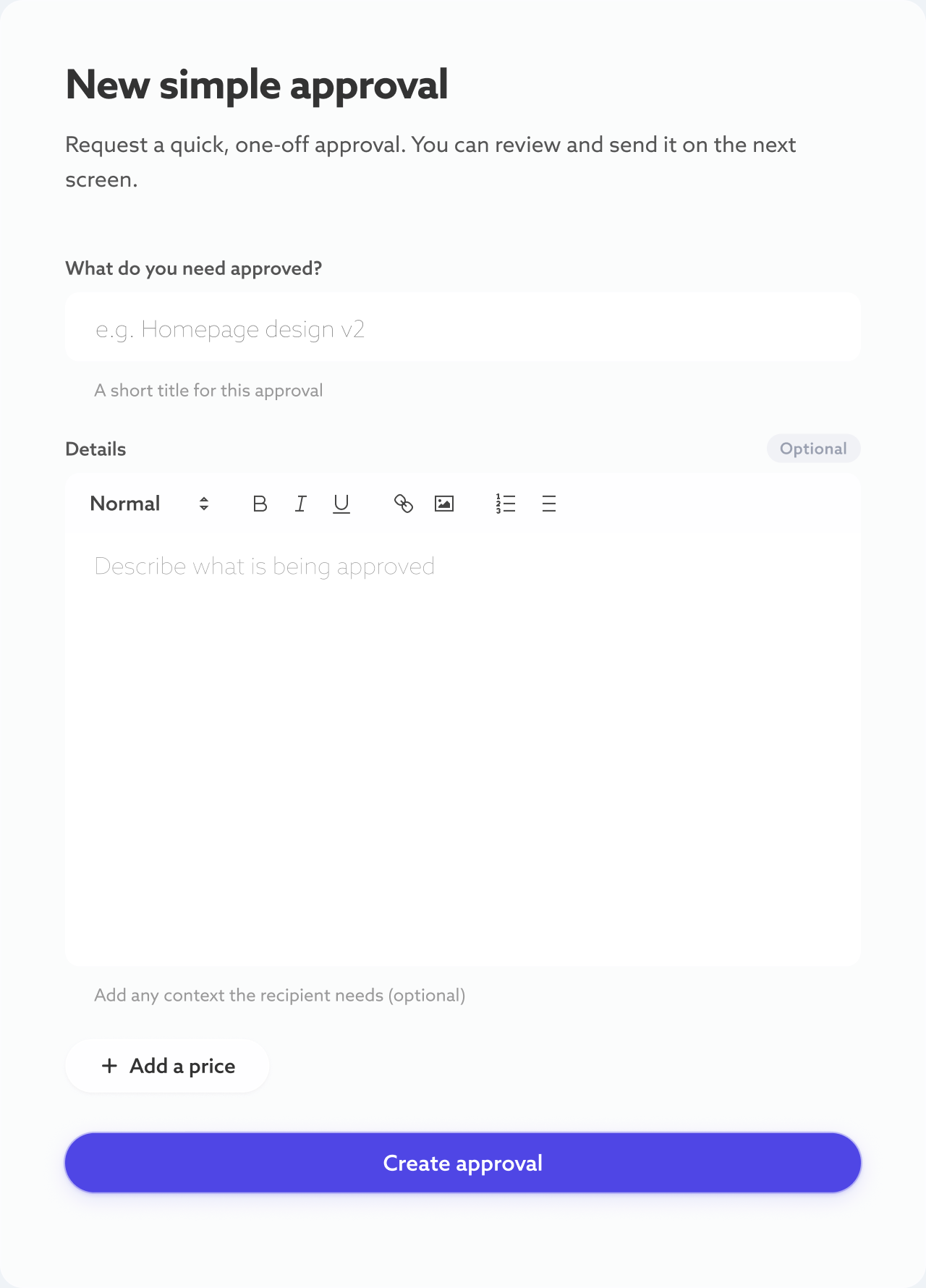 The New simple approval screen in ApproveEase: a single form with a title field, an optional details editor, an Add a price button, and a Create approval action.